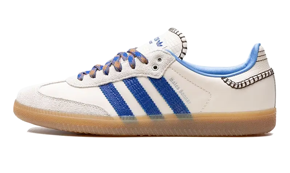 Baskets Samba d'Adidas, semelle caoutchouc brun, couleur blanche et bleu